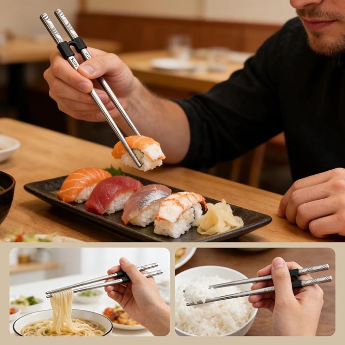 6Pairs Stainless Steel Chopsticks with Training Helper Grips, Reusable Metal Chopsticks with Laser Engraved Non-Slip Tips (9.25 Inches)