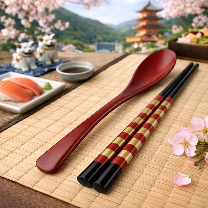 Premium Japanese Chopsticks with Spoon Reusable [ Made in Japan ] Traditional Lacquer Art Wooden Chopsticks (Checker RD(YM2004))