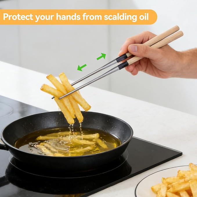 Metal Cooking Chopsticks with Wood Handle, 11.4in Sushi Chopsticks Long Cooking Chopsticks Reusable Metal Chop Sticks Dishwasher Safe for Frying, Hot Pot, Noodles and Japanese, Korean, Chinese Foods