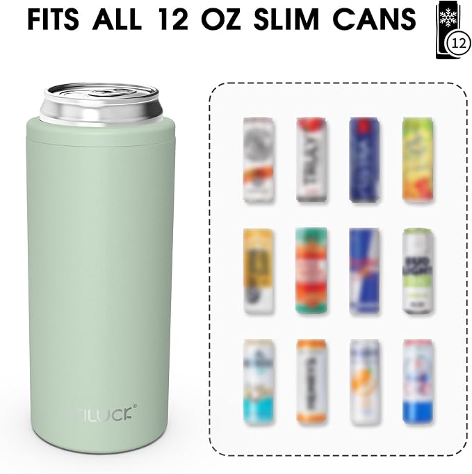 TILUCK Skinny Can Cooler, Stainless Steel Insulated Slim Cans, 12 oz | Beer & Hard Seltzer, Doucle-Walled Stainless Steel Insulated Slim Cans, Slim 12 oz(Frosted Green)