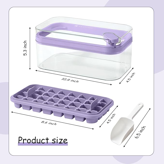 Ice Cube Tray with Lid and Bin, 2 Pack Ice Cube Trays for Freezer, 64 Pcs Ice Cube Mold, Press Button Easy Release Ice Tray, Small Ice Cubes Maker for Drinks (Purple)