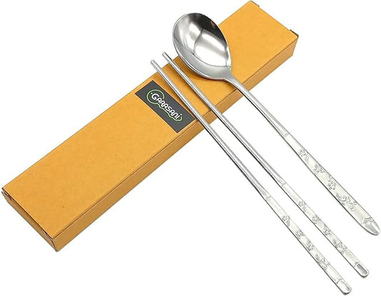 GARASANI Korean Traditional Cutlery Stainless Steel Spoons and Chopsticks Set (Silver Petal)