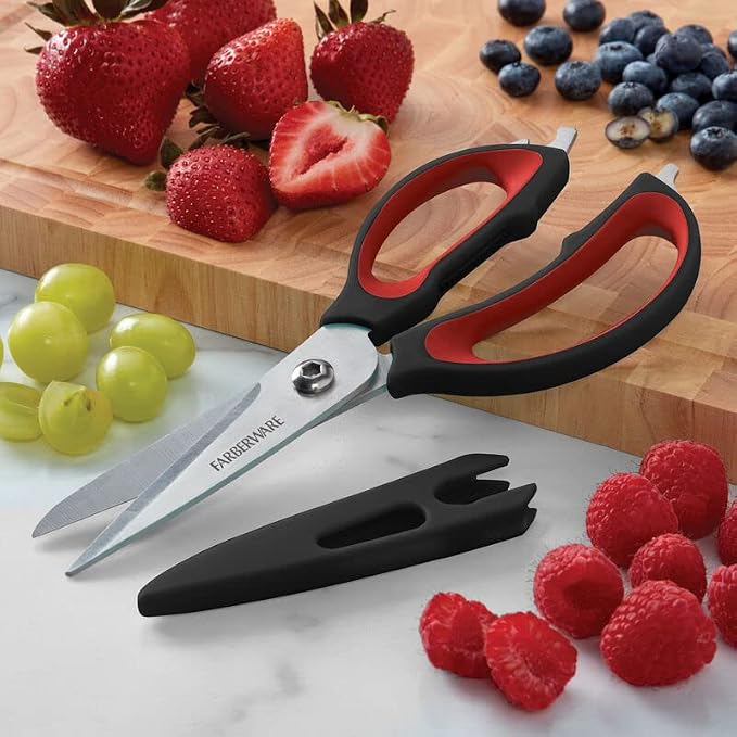 Farberware 4-In-1 Kitchen Shears 2-Piece - Multi-Purpose Design, Red | Heavy-Duty Stainless Steel Blades with Protective Sheath - Comfortable Soft-Grip Handles for Daily Kitchen Use
