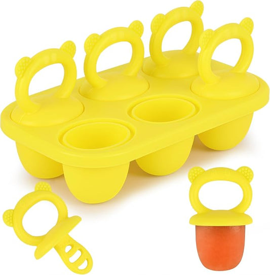Sakolla Baby Popsicle Molds Mini 6-Cavity Silicone Ice Pop Mold with Sticks Breastmilk Popsicle Molds for Teething Relief Toddler Popsicle Mold for Ice Cream Frozen Yogurt and Fruit Juice (Yellow)