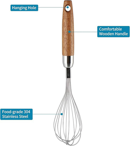 304 Stainless Steel Whisk with Wooden Handle, Balloon Egg Beater Versatile for Stirring, Beating, Whisking, Blending, Mixing Egg, Cake Batter, Bread Flour, Gravy or Sauces
