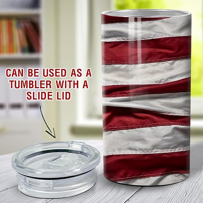 SANDJEST Eagle Tumbler American Flag 4 in 1 12oz Can Cooler Coozie Skinny Stainless Steel Tumbler Gift for Men Dad Father Travel Veteran Day 4th of July