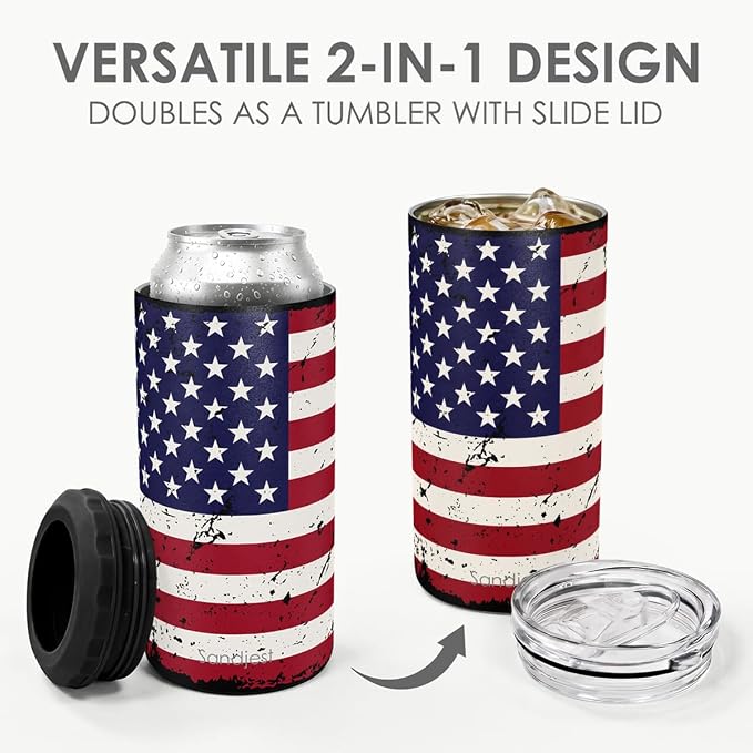 American Flag Can Cooler 12oz - Travel Mug Cups - Stainless Steel Insulated for All - Tumbler Cans Koozie, Gift for Birthday, Christmas