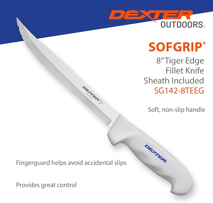 Dexter Outdoors SOFGRIP 8" Tiger Edge Scalloped Knife with Edge Guard | Tiger edge scalloped American stainless blade for tough cuts. Corrosion resistant, soft non-slip grip, edge guard included.