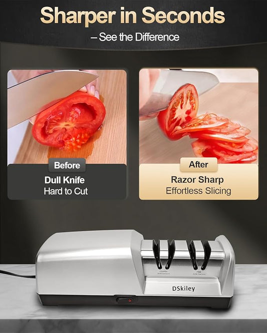 Professional 3-stage Electric Knife Sharpener for Kitchen Knives, with 100% Diamond Abrasive 20° Precision Angle Guide, Quickly Sharpening, Repairing/Restoring/Polish Blades (2-Stage Silver)