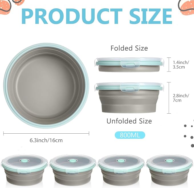 4 Pcs Collapsible Bowls with Lids Silicone Camping Food Storage Container Expandable Folding Salad Lunch Box Travel Container for Hiking Camping