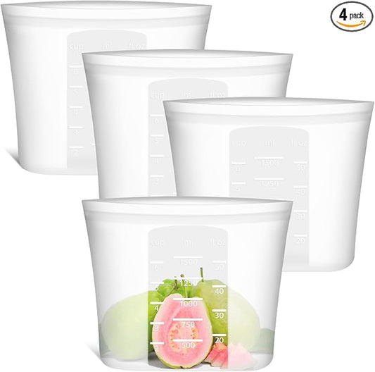 Small Reusable Silicone Food Storage Bags 4 Pack, 51fl oz/1500ml, 100% Silicone Stand-Up Wide-Open Zip-Lock Reusable Bags for Small Items, Microwave Freezer Oven Dishwasher Safe, Translucent