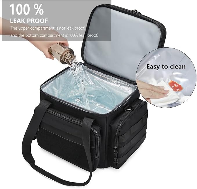 Gafetrey Large Tactical Lunch Box for Men, Insulated Lunch Bag Adult, Thermal Lunchbox Leakproof Waterproof Cooler Bag, Dual Compartment Lunch tote, Large Lunch Pail for Office Camping (Black) 24L