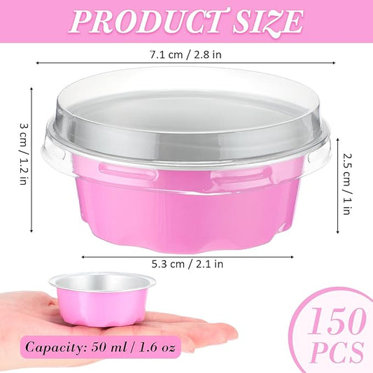 Eaasty 150 Pcs Baking Cups with Lids, 1.6 oz Muffin Cupcake Liners Aluminum Foil Mini Cake Pans Small Disposable Ramekins Flan Containers with Lids for Weddings, Birthday, Various Holiday (Pink)