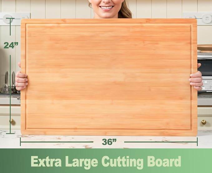Allsum 36x24" Bamboo Cutting Board for Kitchen, Extra Large Wood Stove Top Cover, Noodle Board over Sink, Charcuterie Cheese Serving Tray with Side Handles and Juice Grooves