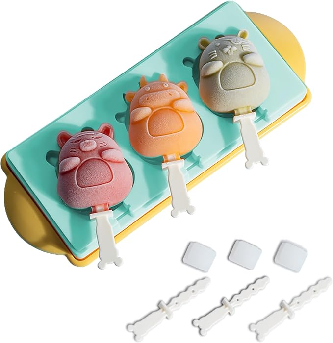 Popsicle Molds Ice Pop Molds Silicone 3 Cavities Ice Cream Mold animals & fruit Cake Pop Mold DIY Popsicle Ice Pop Molds Flexible Silicone Popsicle Makers… (tiger)