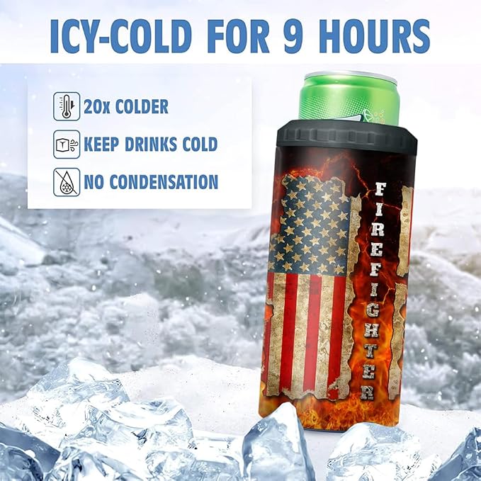 SANDJEST Firefighter Tumbler American Flag 4 in 1 12oz Tumbler Can Cooler Coozie Skinny Stainless Steel Tumbler Gift for Firemen Fire Department Dad Men Father Graduation Retirement