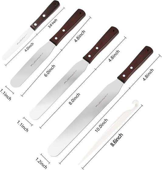 4PCS Cake Decorating Icing Spatula set with 4, 6, 8 & 10 Inch Stainless Steel Blade, Wood Handle Frosting Spatulas and Cake Stripping Tool (Straight Spatulas 4, 6, 8 & 10 Inch)