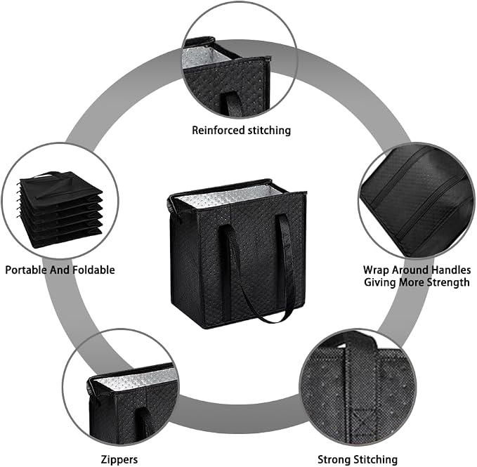 2-Pack 18L Black Insulated Grocery Bags with Zipper | Reusable 3-Layer Insulated Cooler Bags, Foldable for Shopping, Camping & Beach Trips