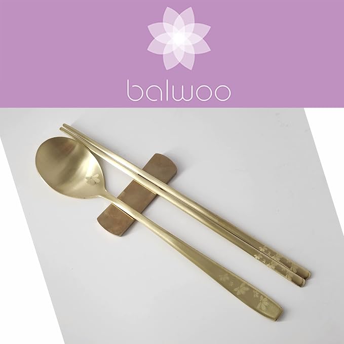 [5 Sets] [Made in Korea] Korean Sticky Rice Spoon Chopsticks Set Gold Titanium Plating 304 Stainless Steel Tableware Cutlery Set Mukbang Chopsticks (Cosmos TITANIUM, 5 Sets)