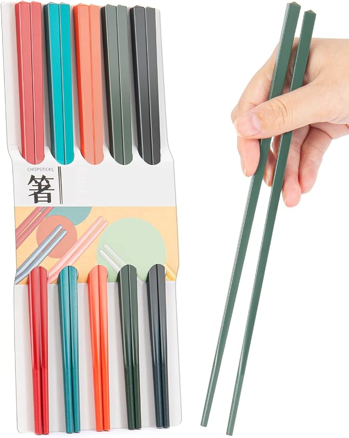 5-Pair -Dishwasher-Safe Fiberglass Chopsticks Set, 9.5 Inch Reusable Japanese-Style Chinese Chopsticks, Non-Slip and Easy to Handle