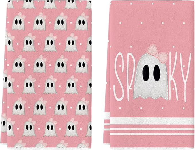Artoid Mode Pink Ghost Halloween Kitchen Towels Set of 2 18x26 Inch | Spooky Bow Knot Hand & Dish Towels,Ultra Absorbent,Seasonal Farmhouse Decoration