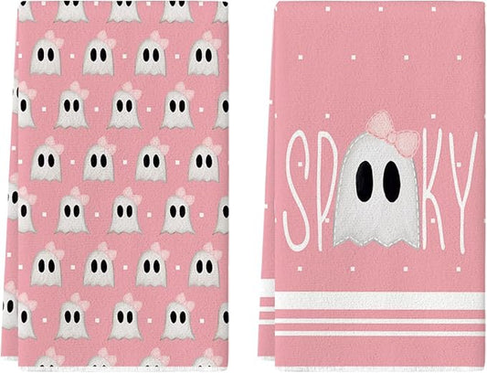 Artoid Mode Pink Ghost Halloween Kitchen Towels Set of 2 18x26 Inch | Spooky Bow Knot Hand & Dish Towels,Ultra Absorbent,Seasonal Farmhouse Decoration