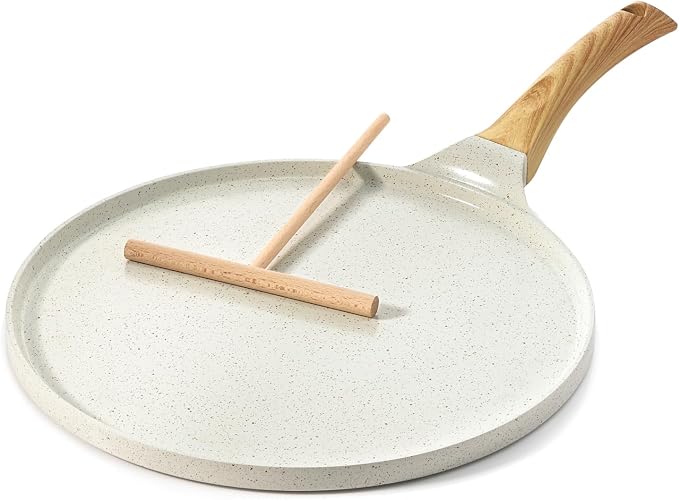 SENSARTE 10 Inch Nonstick Crepe Pan Ceramic Coating Pancake Pan White | Natural Ceramic Coating Dosa Pan Pancake Flat Skillet Tawa Griddle with Stay-Cool Handle, Induction Compatible