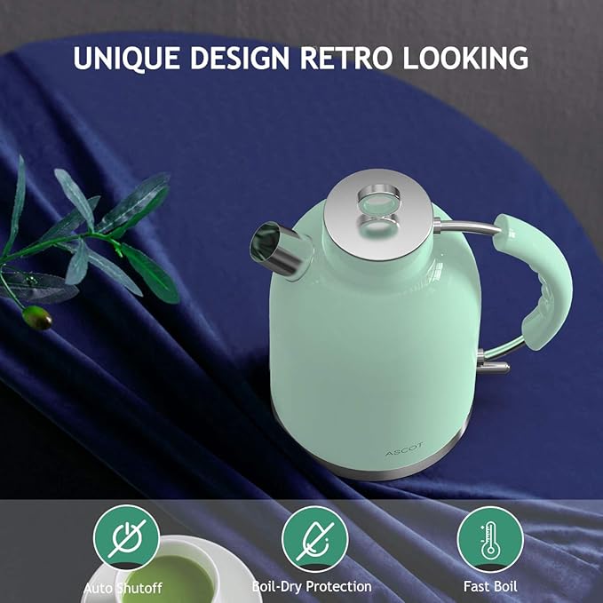Electric Kettle, ASCOT Electric Tea Kettle, Stainless Steel Kettle Water Boiler, Fast Boiling Kettle, 1.5L, 1500W, BPA-Free, Cordless, Automatic Shutoff, Boil-Dry Protection, Green