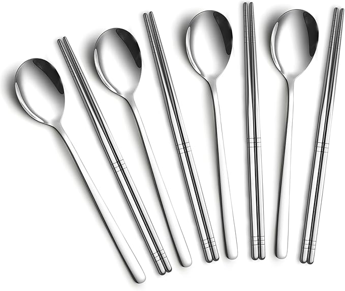 4 Set Korean Chopsticks and Spoons, Stainless Steel Metal Set, Reusable Flat Long Handle Set for Home, Kitchen or Restaurant
