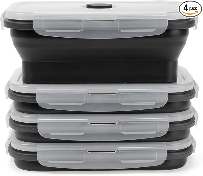 Collapsible Silicone Food Storage Containers Set with Lid & Air Vent,Foldable Lunch Containers(4PCS,Black,27oz)