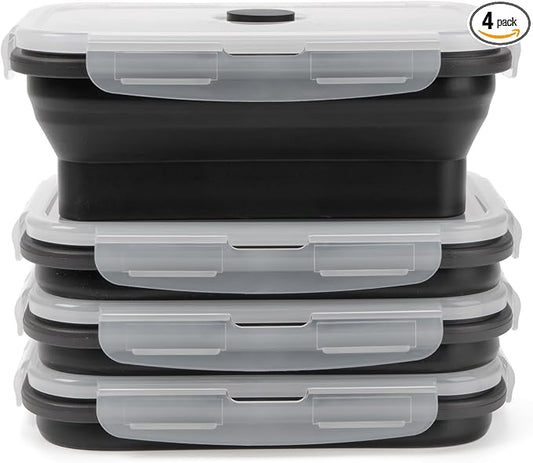 Collapsible Silicone Food Storage Containers Set with Lid & Air Vent,Foldable Lunch Containers(4PCS,Black,27oz)