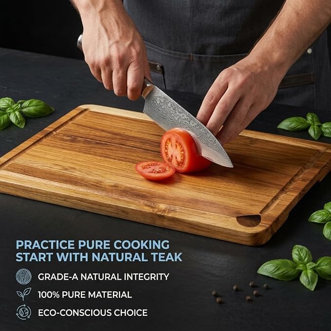 Extra Large Teak Wood Cutting Board for Kitchen, Knife-Friendly Chopping Boards with Juice Grooves & Storage Stand, Heavy Duty Wooden Boards for Meat, Fruit & Cheese, Ideal Housewarming Gift