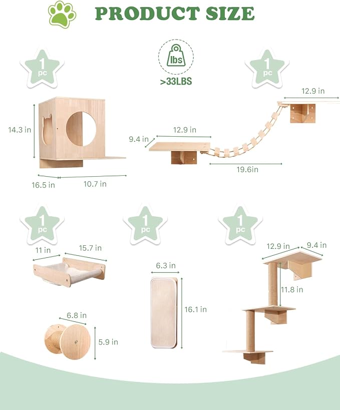 6 in 1 Solid Wood Cat Wall Shelves for Play & Rest, up to 33 lbs | Space-Saving, Cat Wall Furniture Set with Cat Bridge, Wall Condo, Hammock, Steps, Climbing Post & Scratching Pad