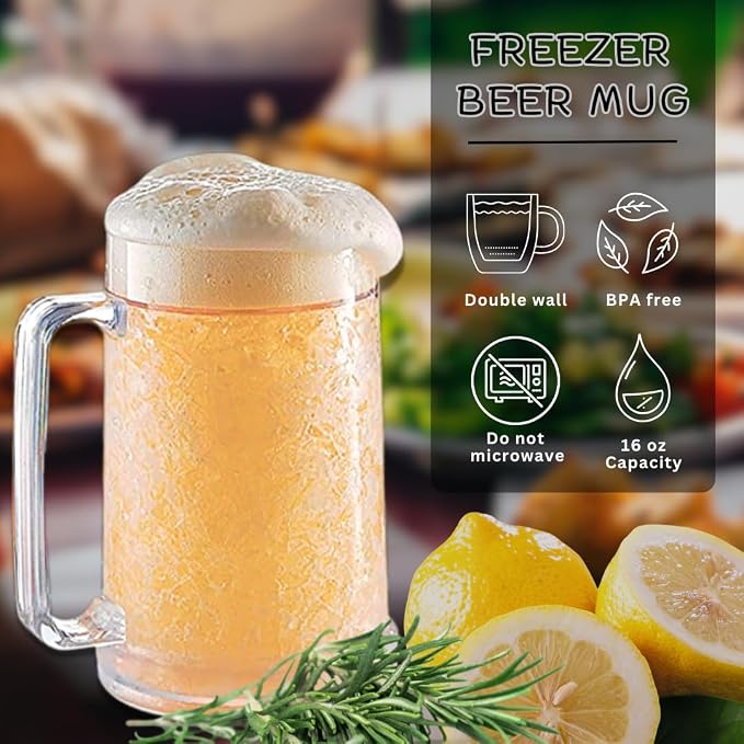 luxail Beer Mugs For Freezer, Double Wall Insulated Plastic Beer Glasses – Freezer Mugs, 16 oz – Perfect Frozen Beer Mugs for Home Bar Accessories, Gifts for Men, 2 Pack