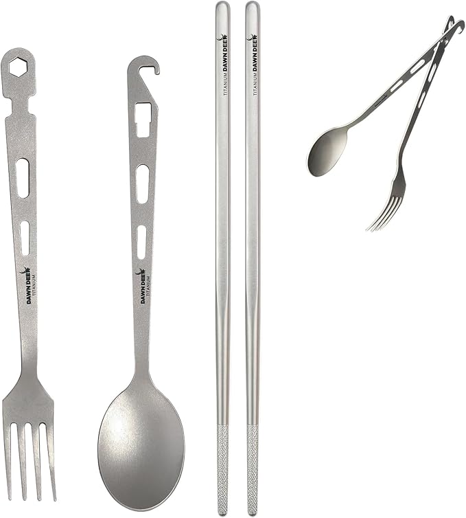 3Pcs- Titanium Fork Spoon Chopsticks Set - Camping Tongs | Ultralight Backpacking Utensils, Travel Cutlery Set, Heat-Resistant & Rustproof, Hiking Survival Gear