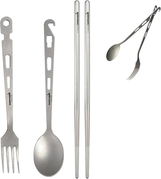 3Pcs- Titanium Fork Spoon Chopsticks Set - Camping Tongs | Ultralight Backpacking Utensils, Travel Cutlery Set, Heat-Resistant & Rustproof, Hiking Survival Gear