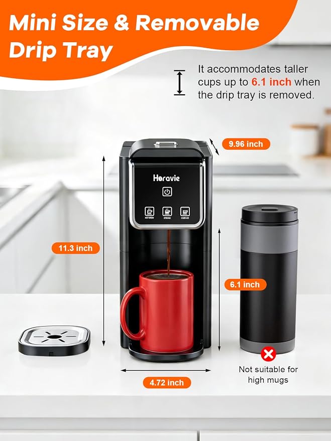 Horavie Hot and Iced Single Serve Coffee Maker, for K-Pod and Grounds, Strong Brew Setting, 6-12 Oz Brew Sizes One Cup Coffee Maker for Home, Travel, RV, Office and Dorm, Black