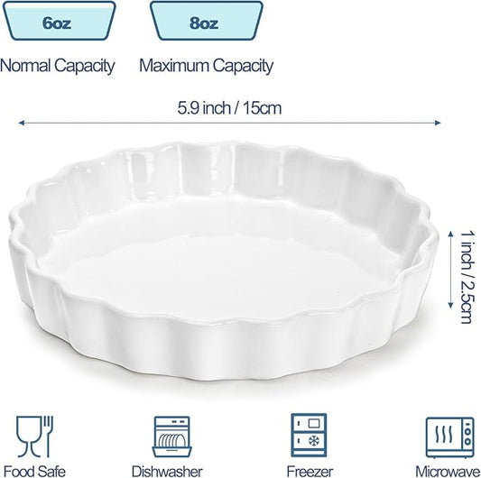 Foraineam 6 Pack 8 Ounce Porcelain Creme Brulee Ramekins Mini Fluted Quiche Dishes, 6 Inch Tart Pan Round Pie Plates for Baking, Dishwasher and Oven Safe