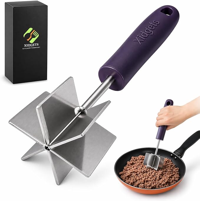 Stainless Steel Meat Chopper & Masher, 6-Blade, Full Grip, Dishwasher Safe