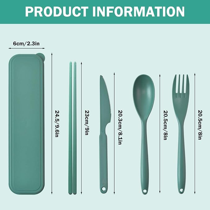 Large Reusable Travel Utensils Set with Case, Plastic Set for Adults Travel Picnic Camping, Portable Flatware Cutlery Set with Chopsticks for Daily Use(Dark Green)