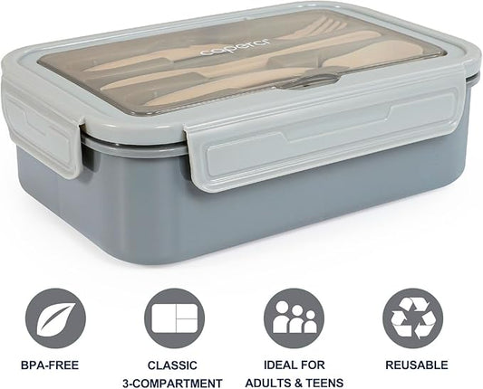 Caperci Classic Bento Box Adult Lunch Box for Older Kids - Leakpoof 47 oz 3-Compartment Lunch Containers for Adults and Teens, Built-in Utensil Set, Ideal for On-the-Go Balanced Eating, Gray