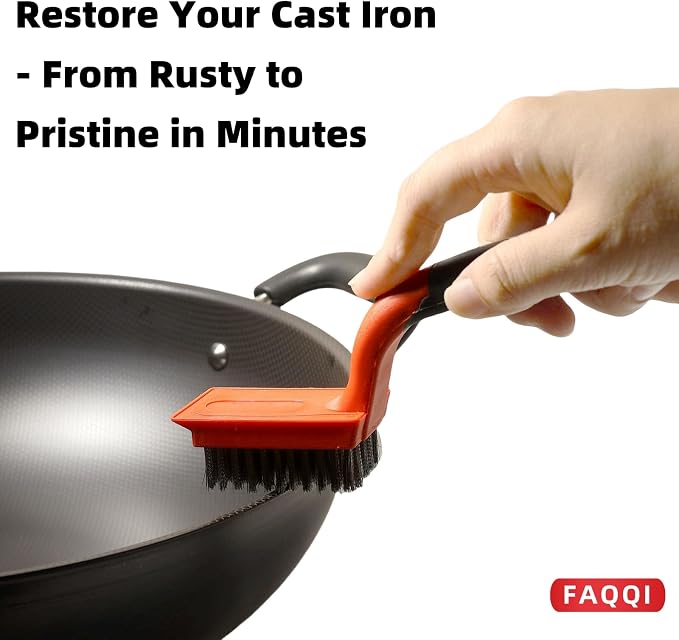 Steel Wire Brush for Cast Iron Skillet with Ergonomic Handle | Heavy-Duty Steel Bristles, 7 in Tall, For Stubborn Residue On Cast Iron Pans, Skillets And Griddles