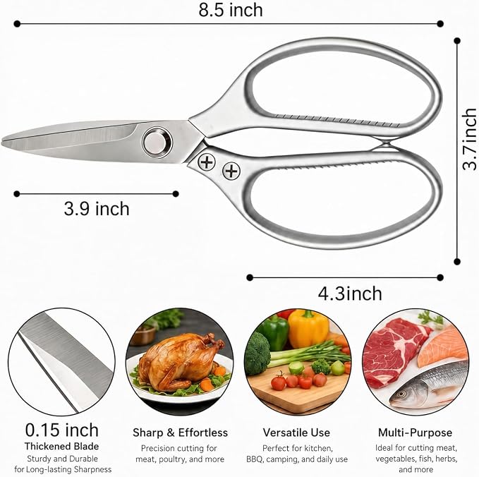 Kitchen Shears Heavy Duty 8.5", Multipurpose Food Scissors for Meat Chicken | Detachable Design for Easy Cleaning, Dishwasher Safe, Non-Slip Comfort Grip, for Meat Chicken Vegetables Seafood & Herbs
