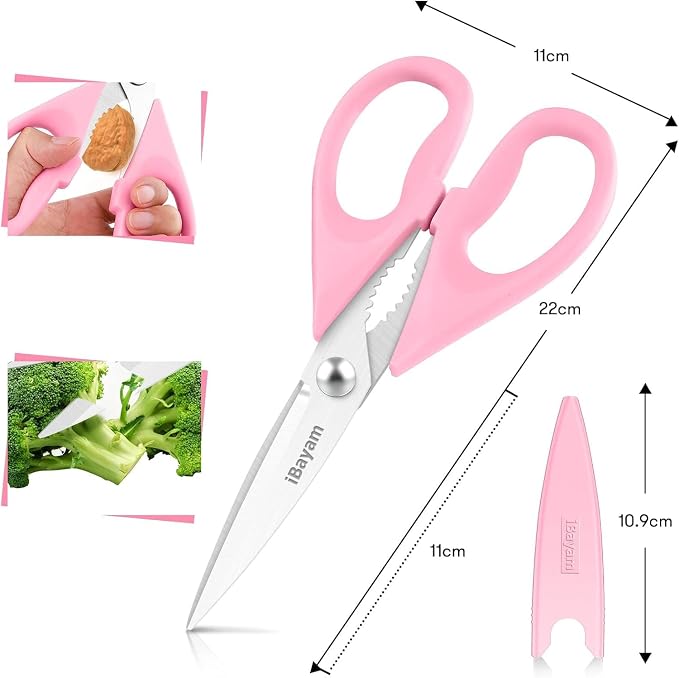 iBayam Pink Kitchen Scissors All Purpose Heavy Duty & Comfort Grip & Cover | Dishwasher Safe, 8.7" Stainless Steel Sharp Scissors Food Poultry, 2-Pack Pink Kitchen Utensils Gadgets for Cooking & Baking