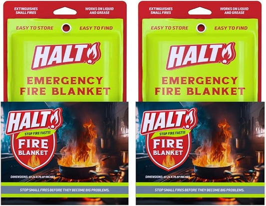 HALT! Emergency Fire Blanket - Rapid Fire Suppression for Home, Kitchen, Car & Camping |Lightweight, No Mess, Safe for Grease & Electrical Fires | Reusable & Never Expires (2-Pack)