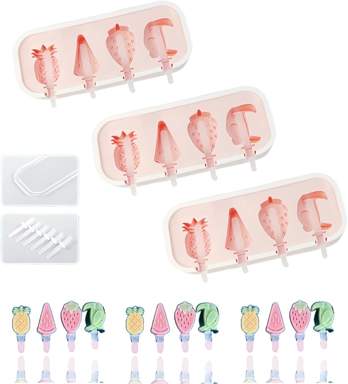 Cartoon Shape Popsicles Molds 3Pcs Cute Ice Cream Mold Maker Easy-Release Homemade Ice Pop Tray Silicone with Lid & Stick (Fruit+Fruit+Fruit)…