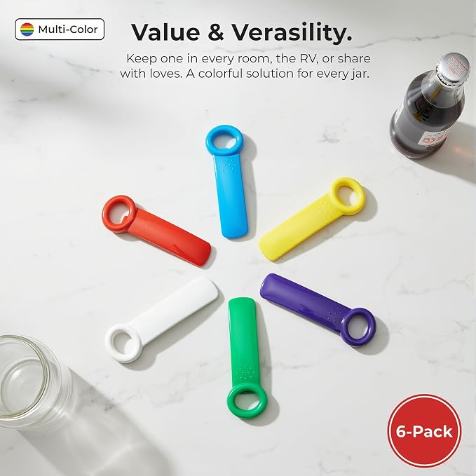 6 Pack Jar Openers for Seniors, Jar Lid Opener, Jar Key and Bottle Openers | Pop stubborn vacuum seals with less gripping; six colorful jar keys also lift crown caps for kitchens, picnics, and parties