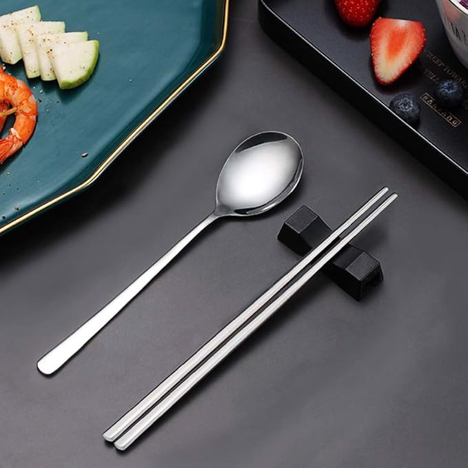 IQCWOOD Stainless Steel Spoons and Chopsticks Set, Korean Flat Chopsticks and Spoons tableware with long-hand, Reusable Chop Sticks Dishwasher Safe for Home, Kitchen or Restaurant, Set of 3