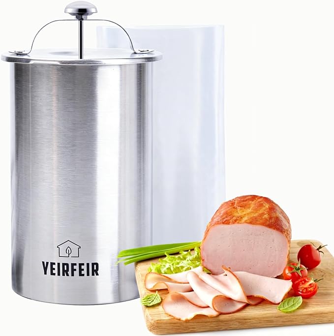 Deli Meat Press and Ham Maker - 304 Stainless Steel Lunch Meat Press with Thermometer, 20 Cooking Bags & Recipes - Healthy Homemade Cooking Tool for Ham &Deli Lunch Meat Making