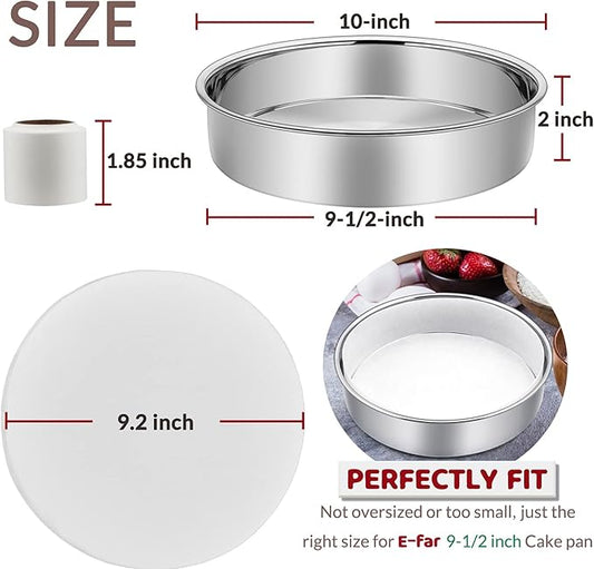 E-far 9½ Inch Cake Pan Set of 2, Stainless Steel Round Layer Cake Baking Pans with Parchment Rounds & Side Liner Roll, Non-Toxic & Healthy Metal Cakes Tin, Straight Side & Dishwasher Safe